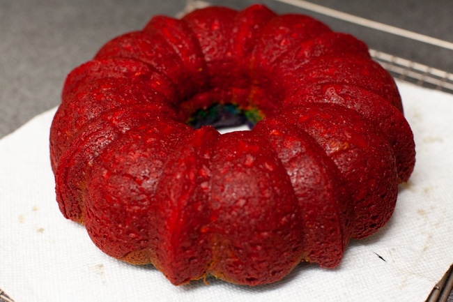 Baked rainbow Bundt cake out of pan 