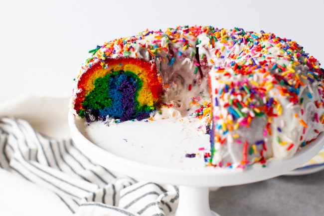 Rainbow Bundt Cake on a tray