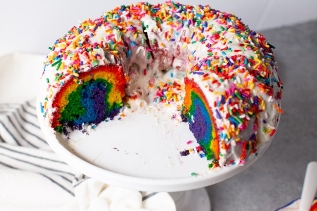Rainbow Bundt Cake on a tray