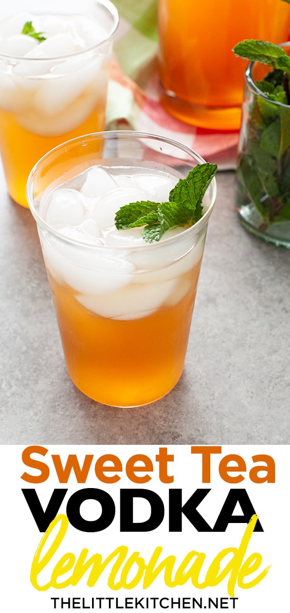 glasses with sweet tea vodka and lemonade with jug of Milo's Sweet Tea in the background