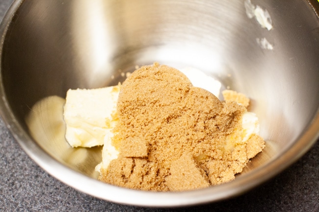 Brown sugar and butter in metal bowl for Matcha Cookies from thelittlekitchen.net