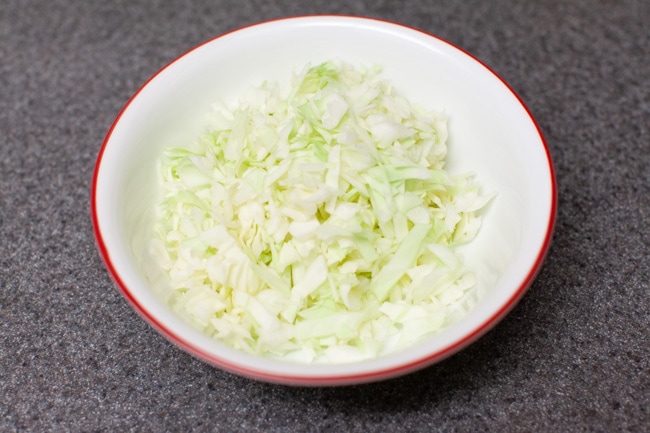 White and red bowl filled with sliced cabbage on gray countertop from thelittlekitchen.net