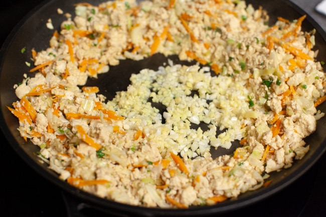 Vegetarian Dumpling filling being cooked in skillet from thelittlekitchen.net