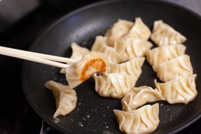 Vegetarian Dumpling with browned bottom, being picked up from skillet with chopsticks from thelittlekitchen.net