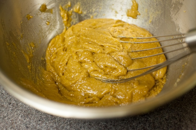 Whisking Sugar Pie filling in metal bowl