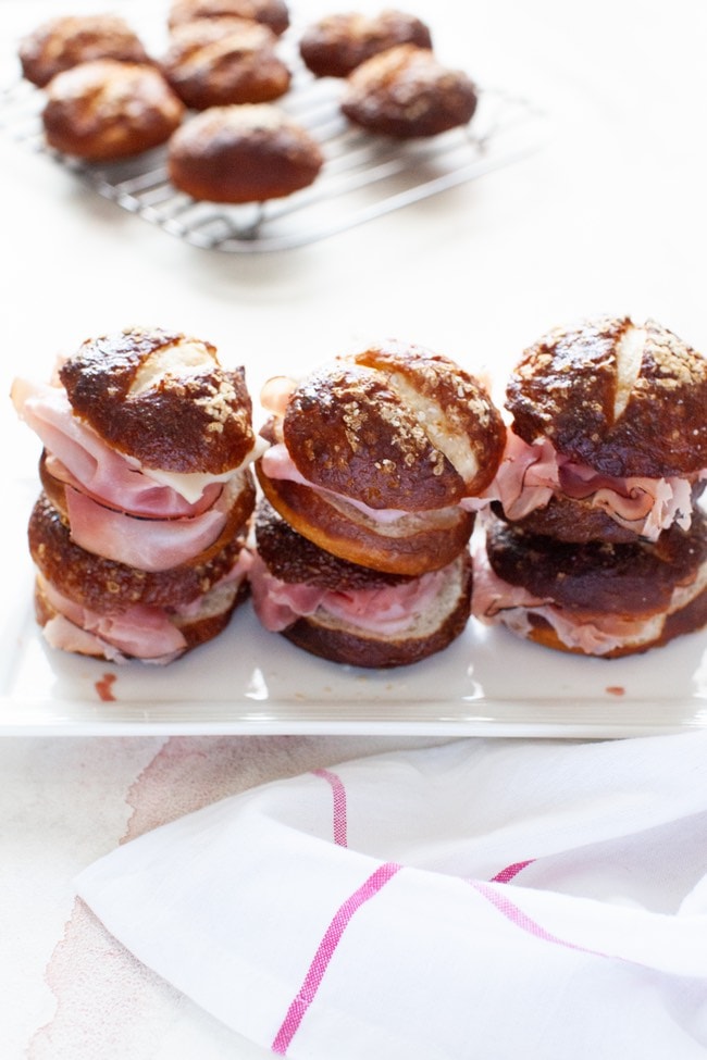 Ham and Cheese Sandwiches on Pretzel Slider Rolls from thelittlekitchen.net