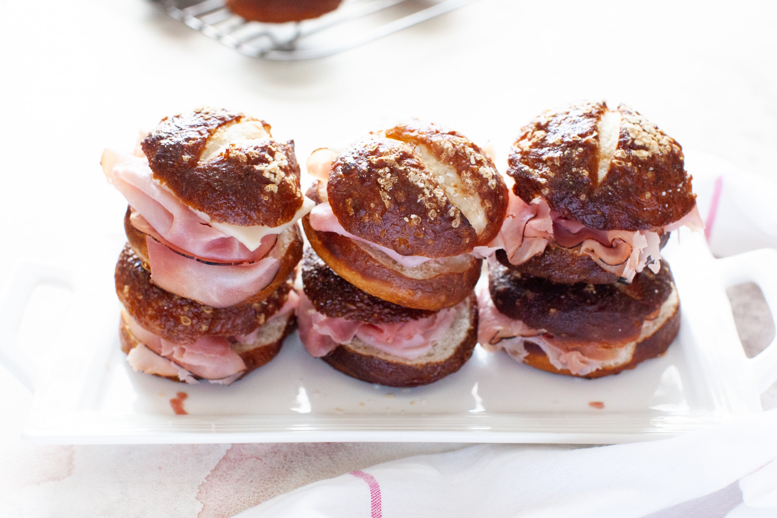 Ham and Cheese Sandwiches on Pretzel Slider Rolls from thelittlekitchen.net