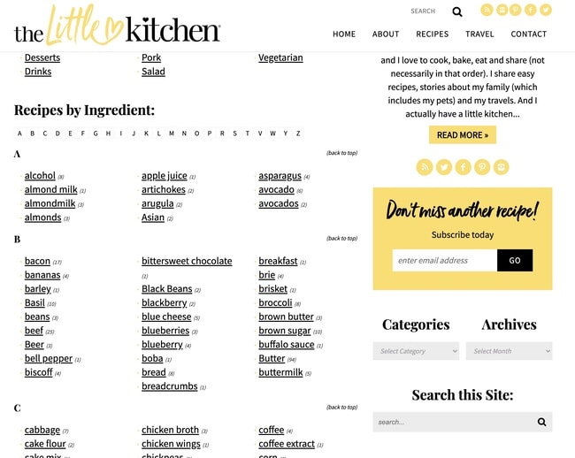 screenshot of The Little Kitchen blog recipes by ingredients page