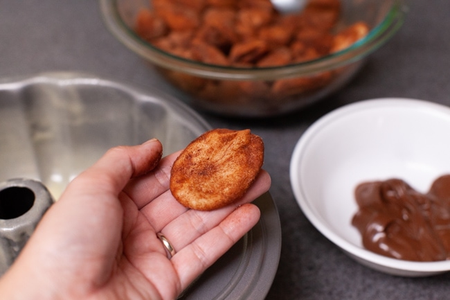 A disc like shape of monkey bread dough that has been rolled in a cinnamon and sugar mixture. In the background, is a bundt pan, Nutella, and a glass bowl with monkey bread dough.
