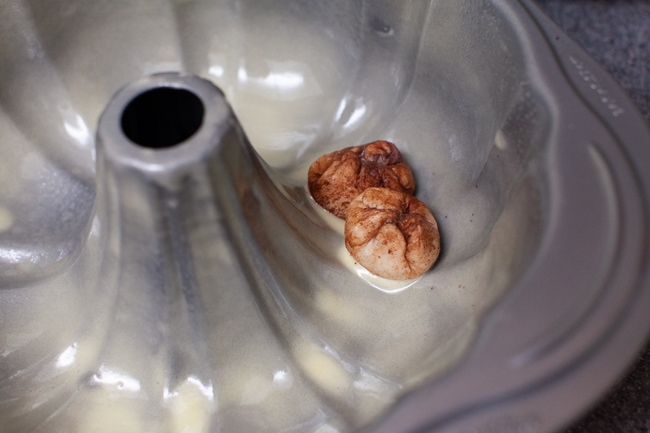 Monkey Bread dough in a bundt pan.