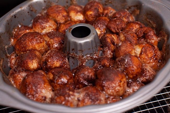 Monkey Bread dough in a bundt pan after it comes out of the oven