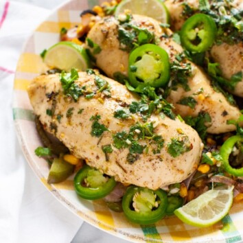 cilantro lime chicken on a plate with a napkin