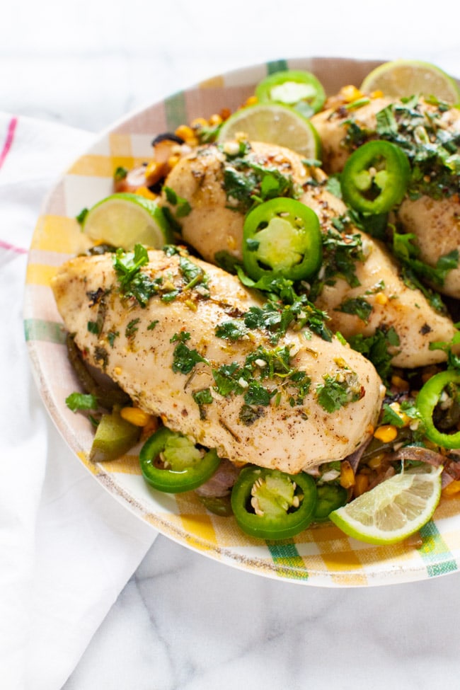 cilantro lime chicken on a plate with a napkin