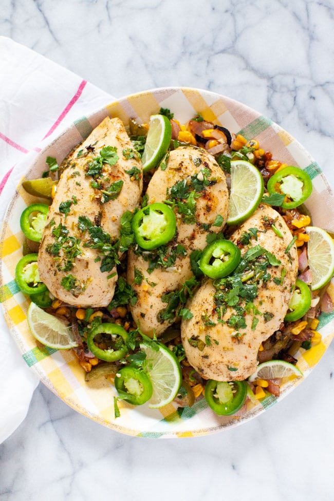 cilantro lime chicken on a plate with a napkin