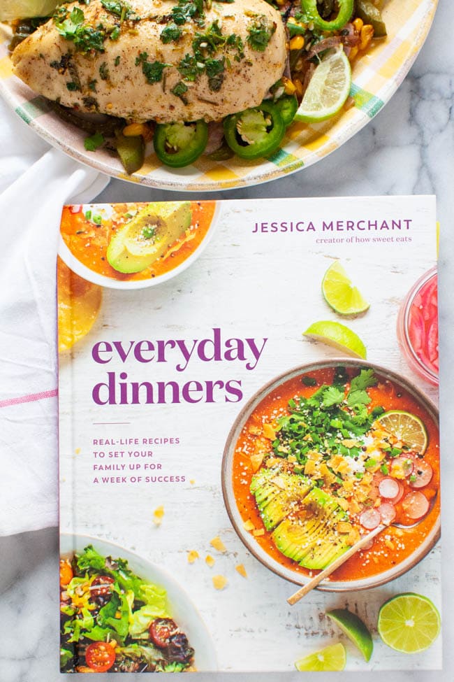 Everyday Dinners Cookbook with a plate of cilantro lime chicken