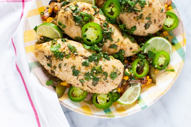 cilantro lime chicken on a plate with a napkin