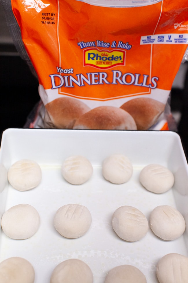 Rhodes frozen dinner rolls in a baking dish