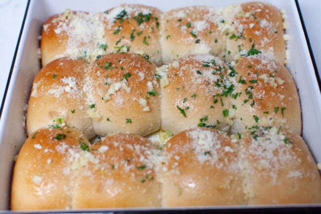 garlic rolls in a baking dish