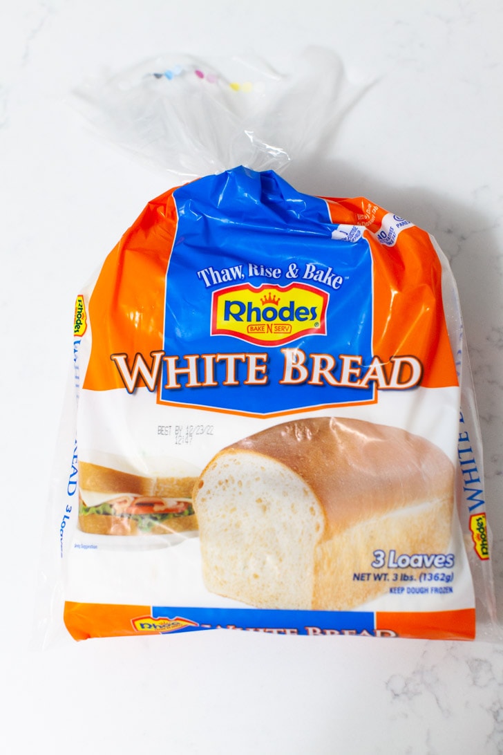 bag of Rhodes Frozen White Bread on a kitchen counter
