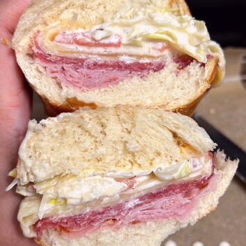 Grinder Salad Sandwich cut open and stacked on top of each other